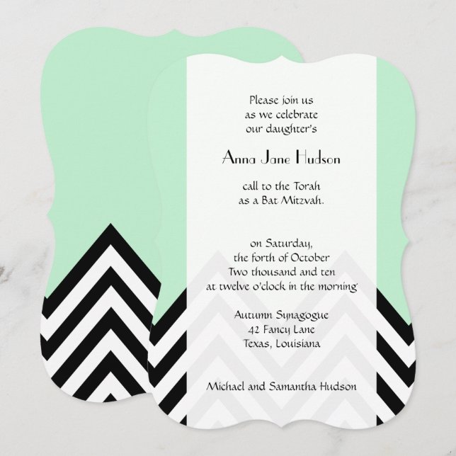 Invitation Black and White Zigzag Pattern, Green, Bat Mitzvah (Devant / Derrière)