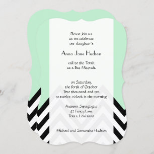 Invitation Black and White Zigzag Pattern, Green, Bat Mitzvah