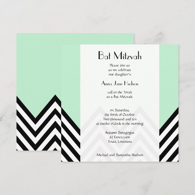Invitation Black and White Zigzag Pattern, Green, bat mitzvah (Devant / Derrière)