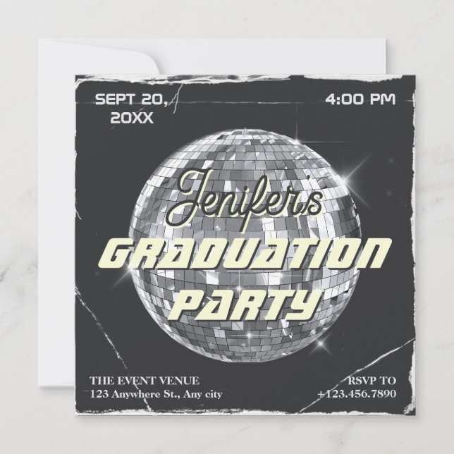 Invitation Black argent disco fête de bal grunge graduation (Devant)