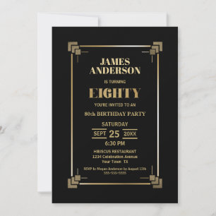 Invitation Black avec Gold Border 80e fête d'anniversaire