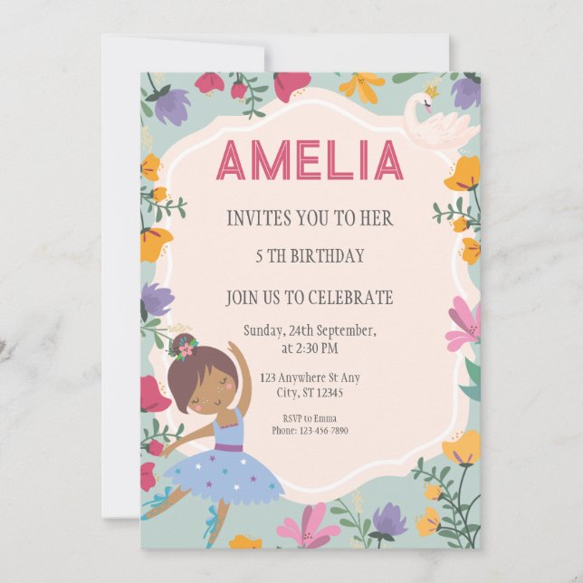 Invitation Black Ballerina Princess Floral Girl Anniversaire (Devant)