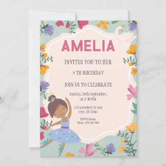 Invitation Black Ballerina Princess Floral Girl Anniversaire