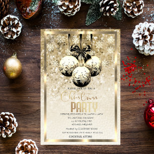 Invitation Black Balls Snowflakes Gold Company Noël