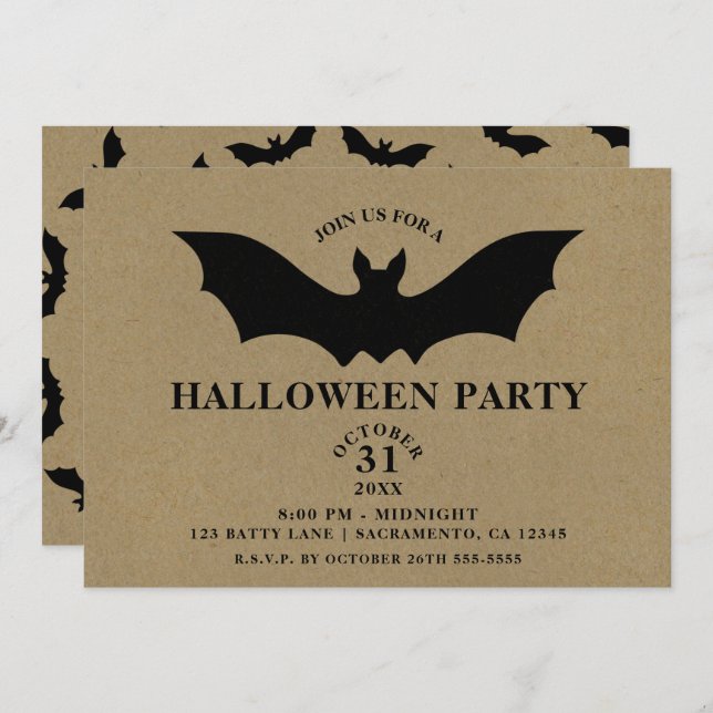 Invitation Black Bat Russe Kraft Halloween Party (Devant / Derrière)