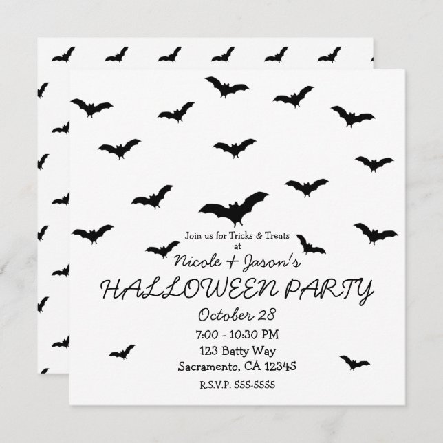 Invitation Black Bats & White Cute Halloween Party (Devant / Derrière)