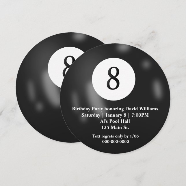 Invitation Black Billiard Huit Balles Anniversaire (Devant / Derrière)