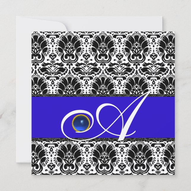 Invitation BLACK BLEU BLEU DAMASK MONOGRAM Sapphire Gold (Devant)
