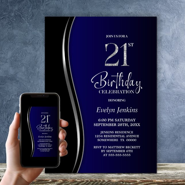 Invitation Black Blue 21e fête d'anniversaire (Créateur téléchargé)
