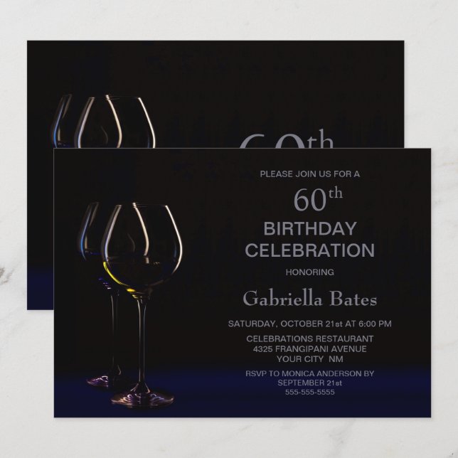 Invitation Black Blue 60th Birthday Wine Glass Party (Devant / Derrière)