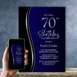 Invitation Black Blue 70th Birthday Party<br><div class="desc">Invitation vos amis et proches avec cette invitation moderne de fête de 70e anniversaire en noir et bleu. La zone de texte personnalisable de ce modèle d'invitation vous permet d'inclure sans effort tous les détails nécessaires à votre fête d'anniversaire, y compris la date, l'heure, le lieu et les informations RSVP....</div>