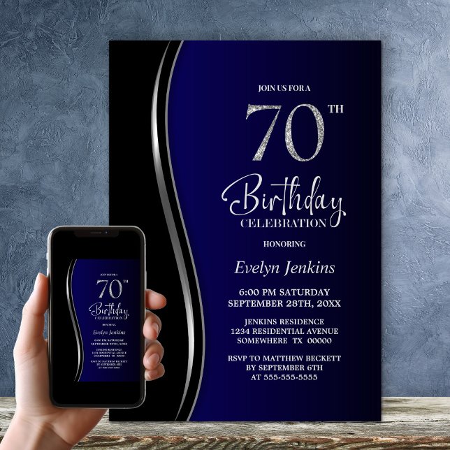 Invitation Black Blue 70th Birthday Party (Créateur téléchargé)