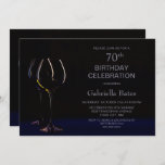 Invitation Black Blue 70th Birthday Wine Glass Party<br><div class="desc">Invitation vos amis et proches pour vous aider à célébrer votre 70e anniversaire avec cette invitation moderne en verre de vin noir et bleu.</div>