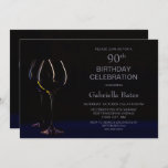 Invitation Black Blue 90th Birthday Wine Glass Party<br><div class="desc">Invitation vos amis et proches pour vous aider à célébrer votre 90e anniversaire avec cette invitation moderne en verre de vin noir et bleu.</div>
