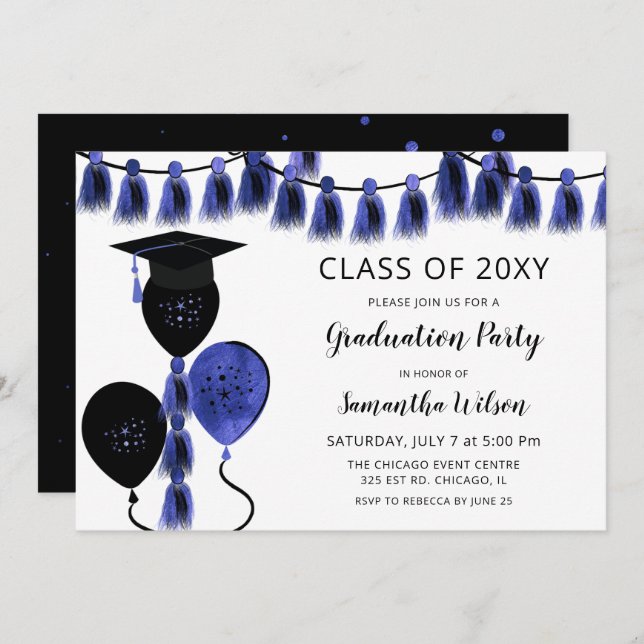 Invitation Black Blue Balloons Grad Casquette fête de graduat (Devant / Derrière)