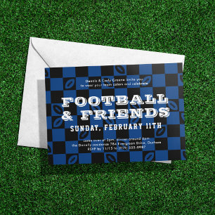 Invitation Black Blue Checkboard Football Game Watch Party