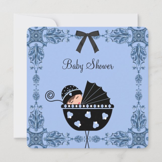 Invitation Black Blue Damask Baby Boy Douche (Devant)