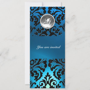 Invitation BLACK & BLUE DAMASK GEM PIERRE MONOGRAMME blanc