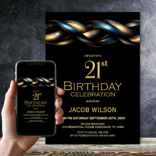 Invitation Black Blue Gold 21e fête d'anniversaire