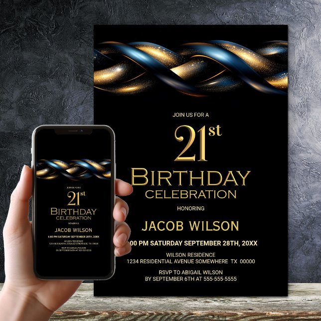 Invitation Black Blue Gold 21e fête d'anniversaire (Créateur téléchargé)