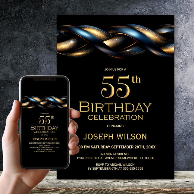 Invitation Black Blue Gold 55e fête d'anniversaire (Créateur téléchargé)