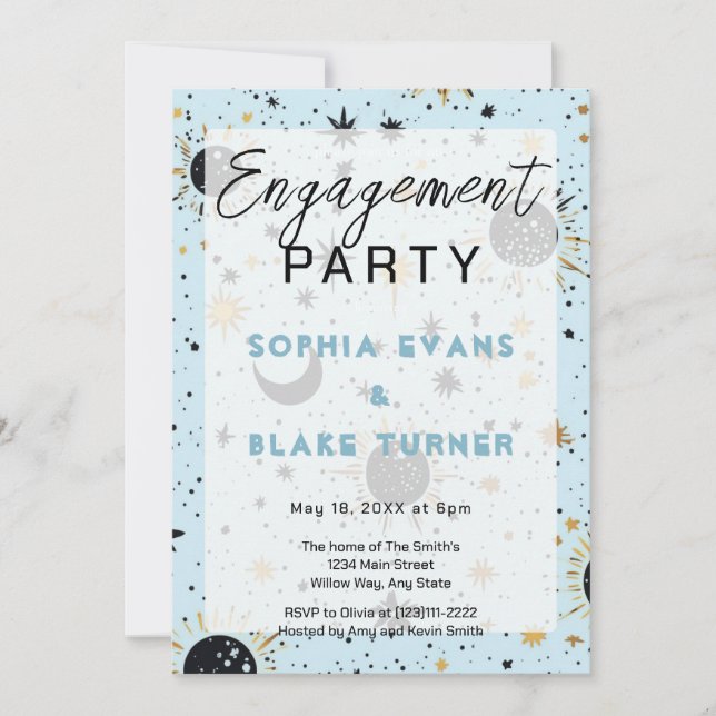 Invitation Black Blue Gold Celestial Mariage de l'engagement (Devant)