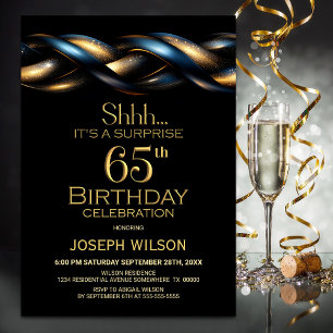 Invitation Black Blue Gold Surprise 65e fête d'anniversaire