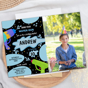 Invitation Black Blue Green Photo Arme à Eau Anniversaire