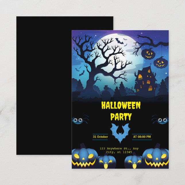 Invitation Black & Blue Halloween Party Virtual (Devant / Derrière)