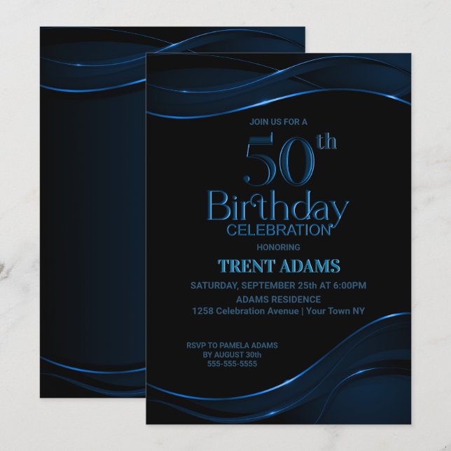 Invitation Black Blue moderne 50e fête d'anniversaire (Devant / Derrière)