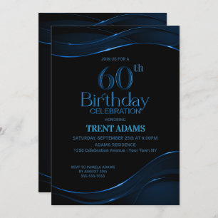 Invitation Black Blue moderne 60e fête d'anniversaire