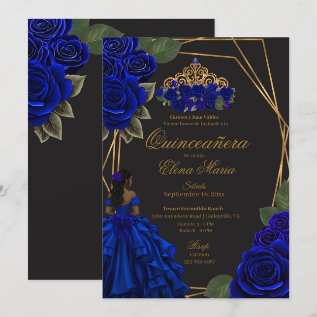 Invitation Black Blue Rose Gold Princesse Quinceañera (Devant / Derrière)