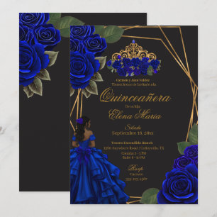 Invitation Black Blue Rose Gold Princesse Quinceañera