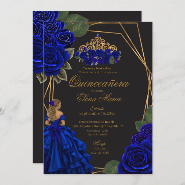 Invitation Black Blue Rose Gold Princesse Quinceañera (Devant / Derrière)