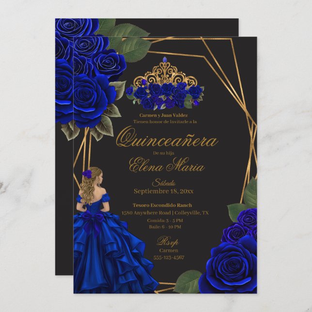 Invitation Black Blue Rose Gold Princesse Quinceañera (Devant / Derrière)