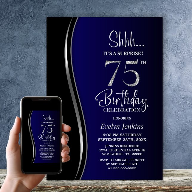 Invitation Black Blue Surprise 75e anniversaire (Créateur téléchargé)