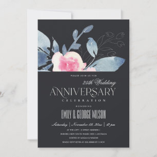 Invitation BLACK BLUSH BLEU FLORAL 25e TOUTE ANNÉE ANNIVERSAI