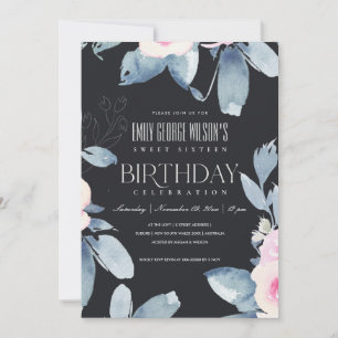 INVITATION BLACK BLUSH BLEU FLORAL SWEET 16 N'IMPORTE QUEL ÂG