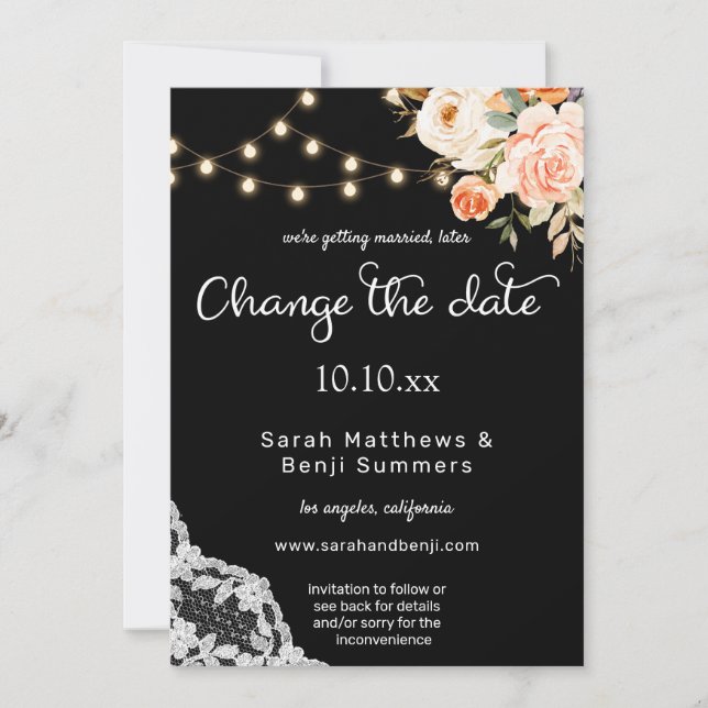 Invitation Black & Blush Peach Floral Lace Changer la Date (Devant)