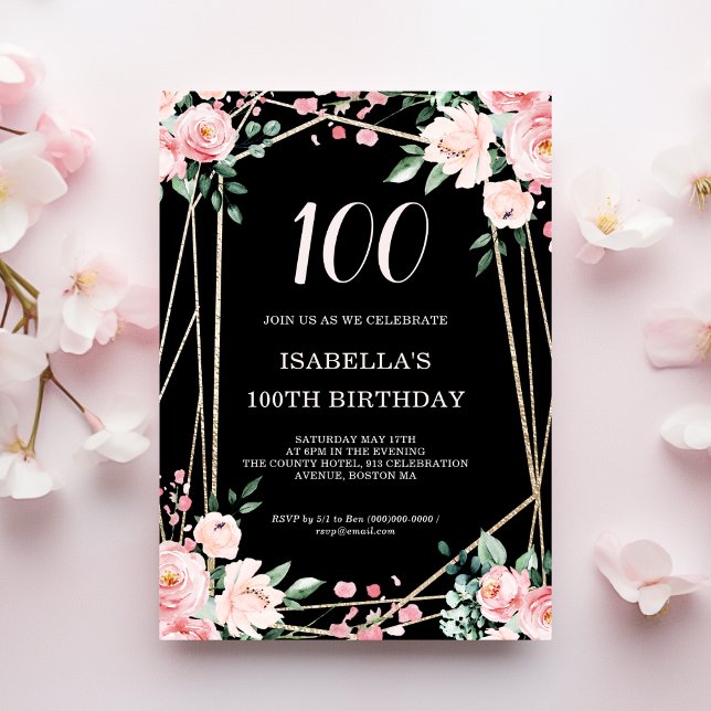 Invitation Black | Blush Pink Floral 100e anniversaire (Créateur téléchargé)