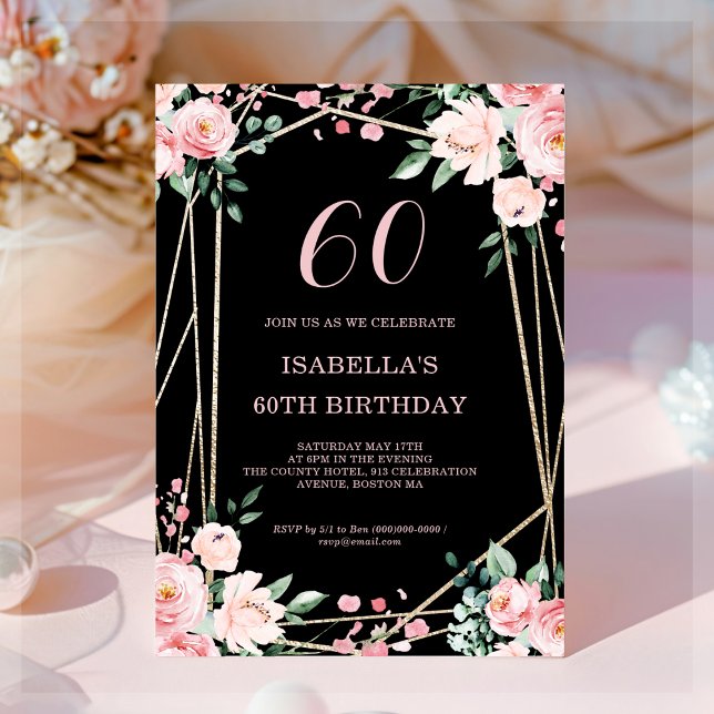 Invitation Black | Blush Pink Floral 60e anniversaire Invitat (Créateur téléchargé)