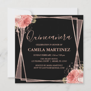 Invitation Black Blush Rose Gold Quinceanera Party