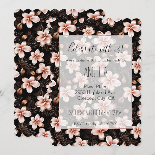 Invitation Black Blush Rose Rose Or Floral Anniversaire (Devant / Derrière)