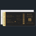 Invitation Black Boarding Pass Destination mariage Code QR<br><div class="desc">Billet mariage de carte d'embarquement noir avec une carte du monde de destination et couleur or faux,  Pass Mariage,  Mariage de destination,  Passeport avec carte Rsvp de code QR.</div>
