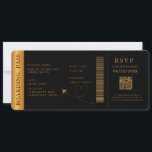 Invitation Black Boarding Pass Destination mariage Code QR<br><div class="desc">Billet mariage de carte d'embarquement noir avec une carte du monde de destination et couleur or faux,  Pass Mariage,  Mariage de destination,  Passeport avec carte Rsvp de code QR.</div>