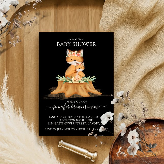Invitation Black Boho Famille Fox Baby shower maman (Créateur téléchargé)