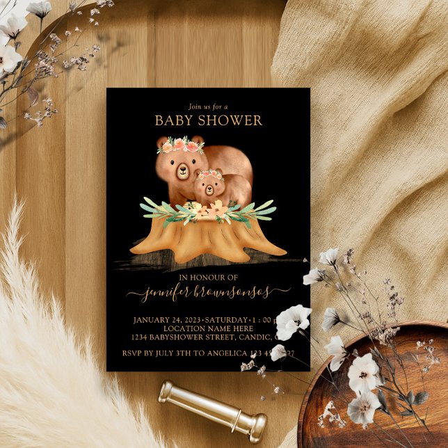 Invitation Black Boho famille ours maman Baby shower (Créateur téléchargé)