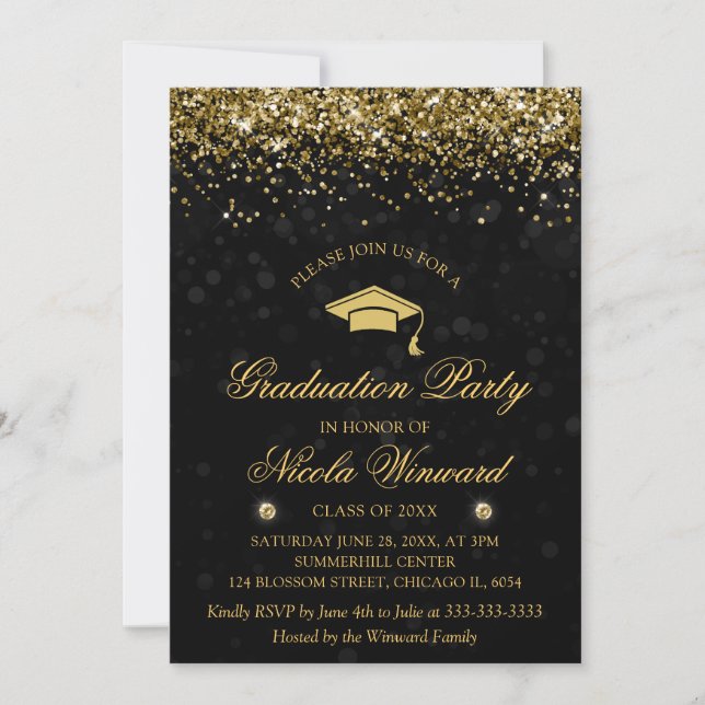 Invitation Black Bokeh & Gold Parties scintillant Graduation  (Devant)