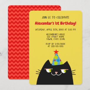 Invitation Black Booo le chat, drôle 1er anniversaire noir