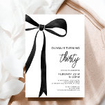 Invitation Black Bow 30th Birthday Party Celebration Script<br><div class="desc">Donnez le ton pour une célébration élégante avec notre Black Bow Ribbon Script Anniversaire de fête. Dotée d'un design d'arc noir chic et d'une écriture de script moderne, cette invitation respire le raffinement et le style. Parfait pour des anniversaires ou des rassemblements officiels, il saisit l'essence de l'élégance intemporelle. Personnalisable...</div>